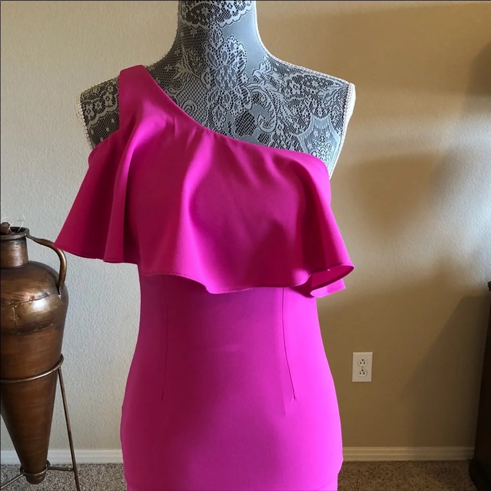 fuchsia one shoulder prom or formal dress